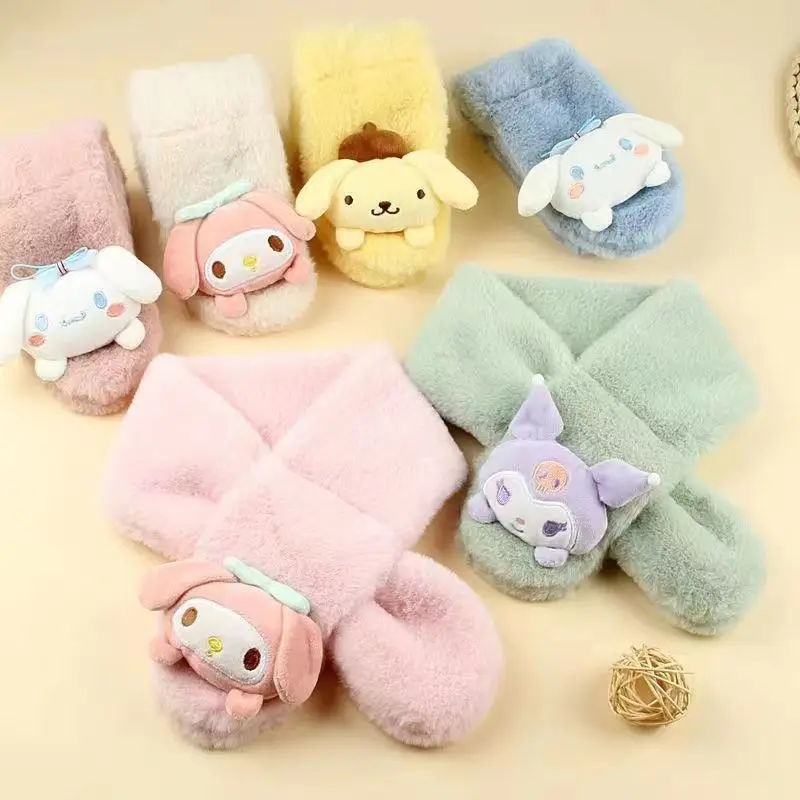 Cute Sanrioed Kuromi Cinnamoroll Kitty Plush Scarf for Kdis Soft Winter Warm Cartoon Anime Kitty Thickness Scarf for Children