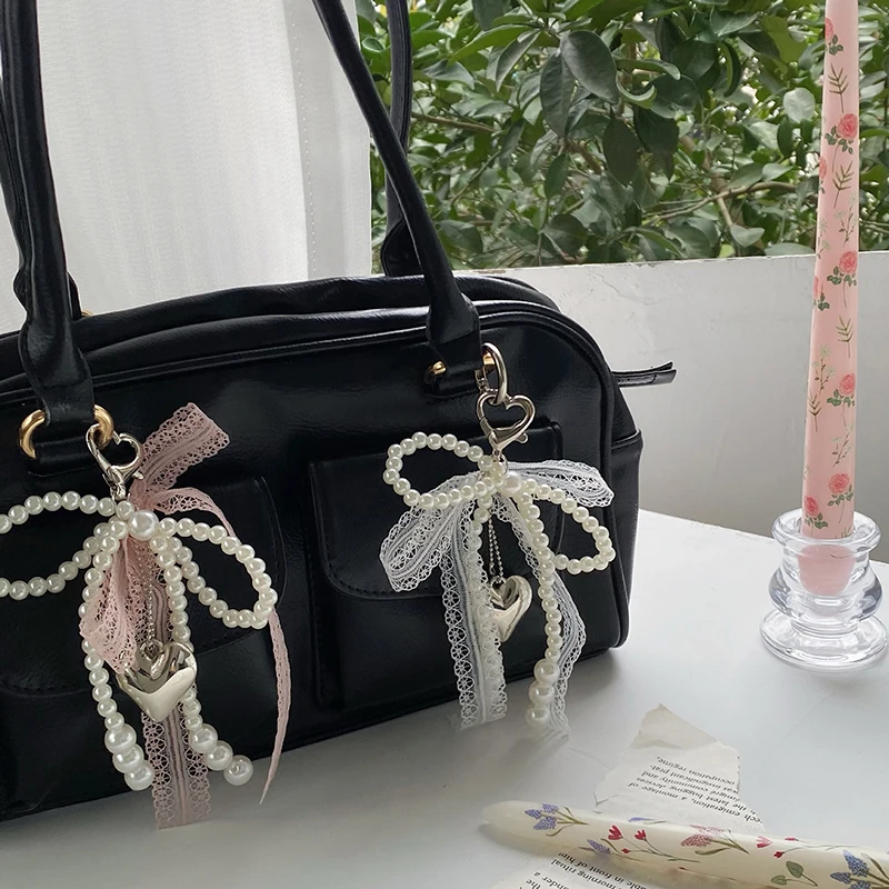 

Брелок для ключей Sweet Pearl Bow с кружевным сердечком, корейская версия Y2K, милый аксессуар для сумки, подарок для девушки
