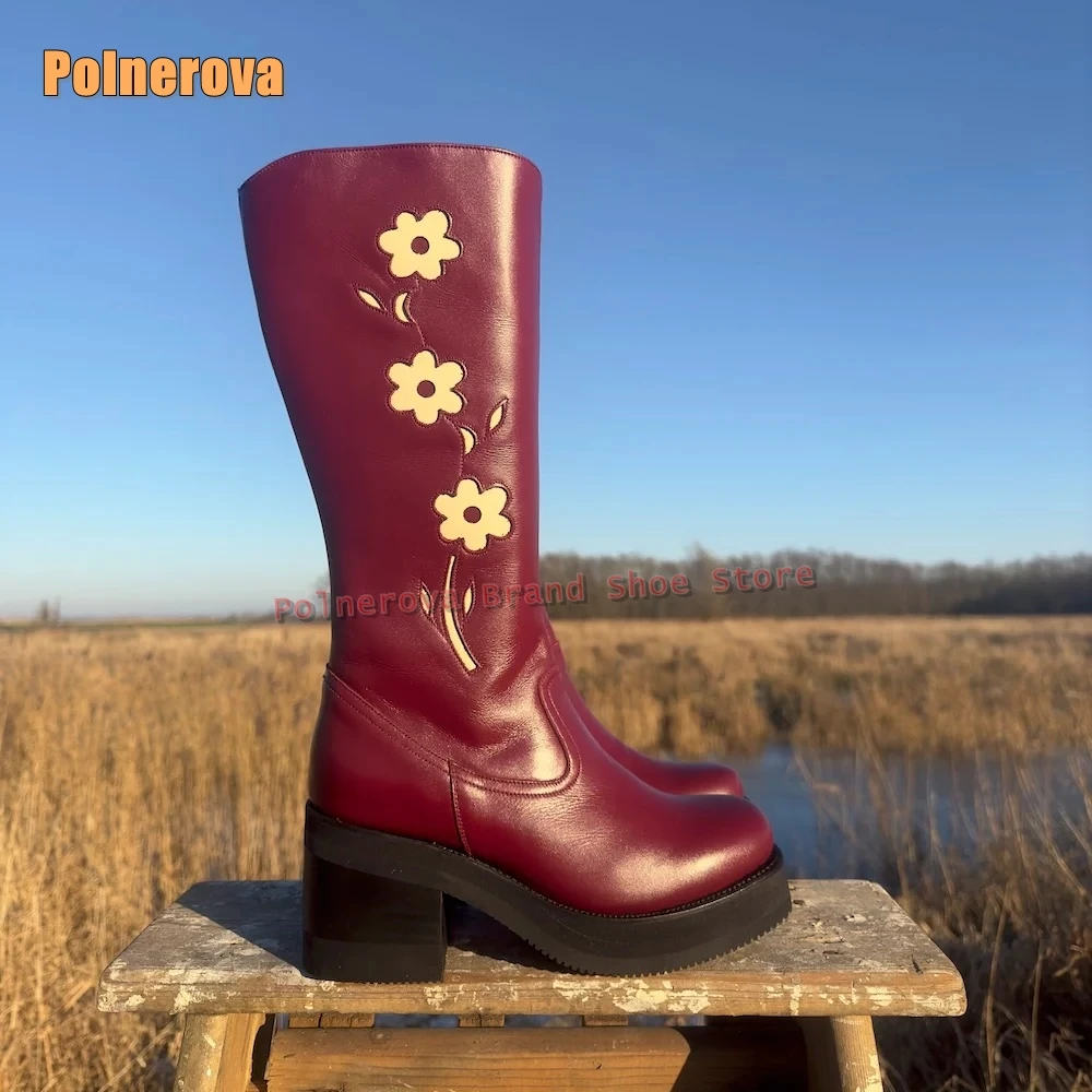 Botas de moda rojas con estampado de flores, punta redonda, tacones gruesos, costura de retazos, botas Retro hasta la rodilla para mujer, zapato recién llegado 2025