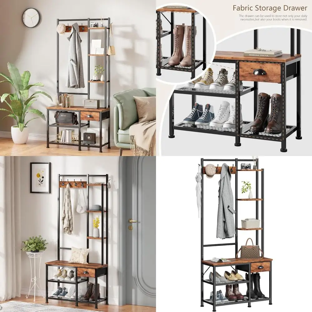 

4-in-1 Rustic Entryway Bench with Coat Rack, Shoe Storage, and 5 Hooks