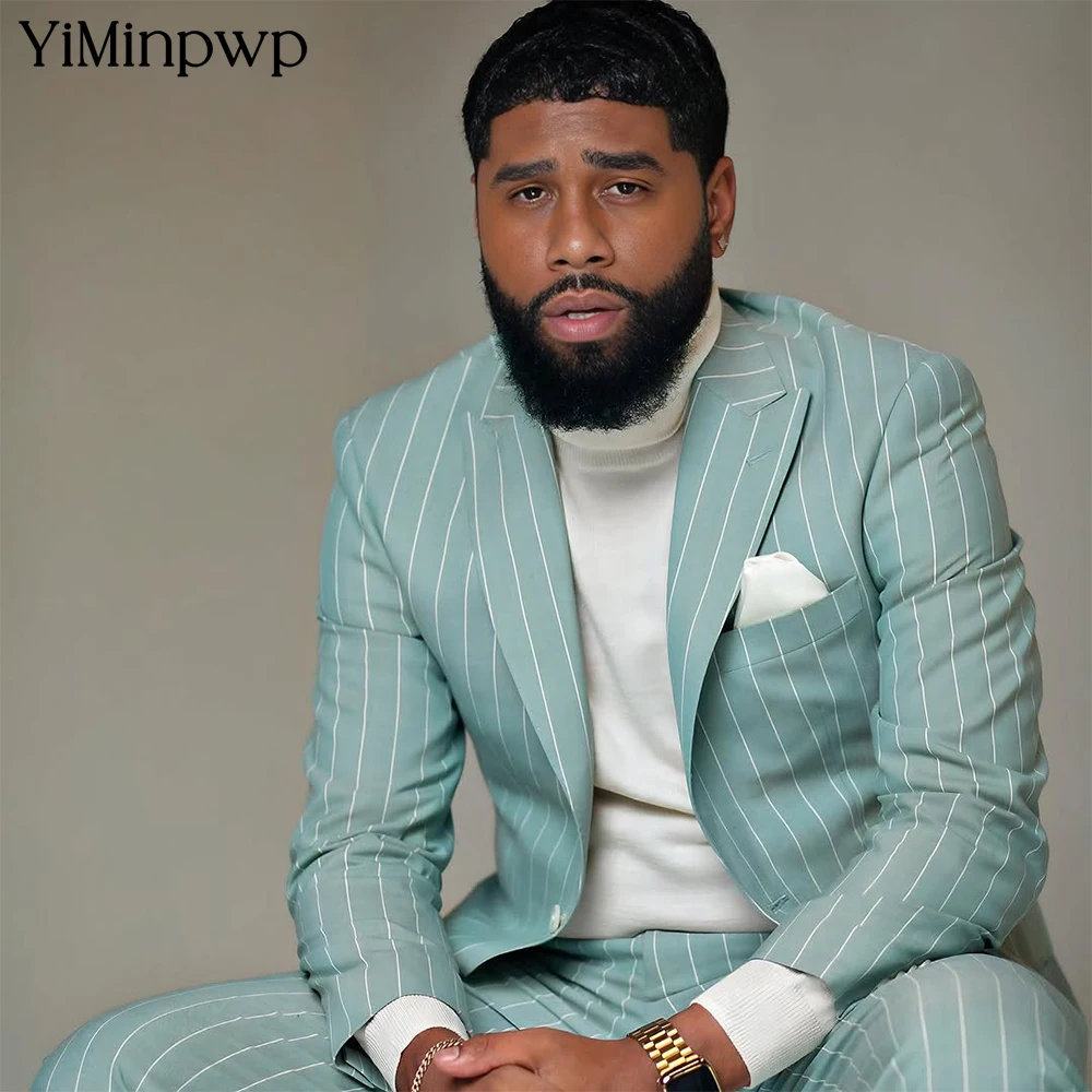 

YiMinpwp Light Green Men's Striped Suit Double Breasted Formal Office Satin Party Groom Suit for Wedding Guest Men XS-5XL