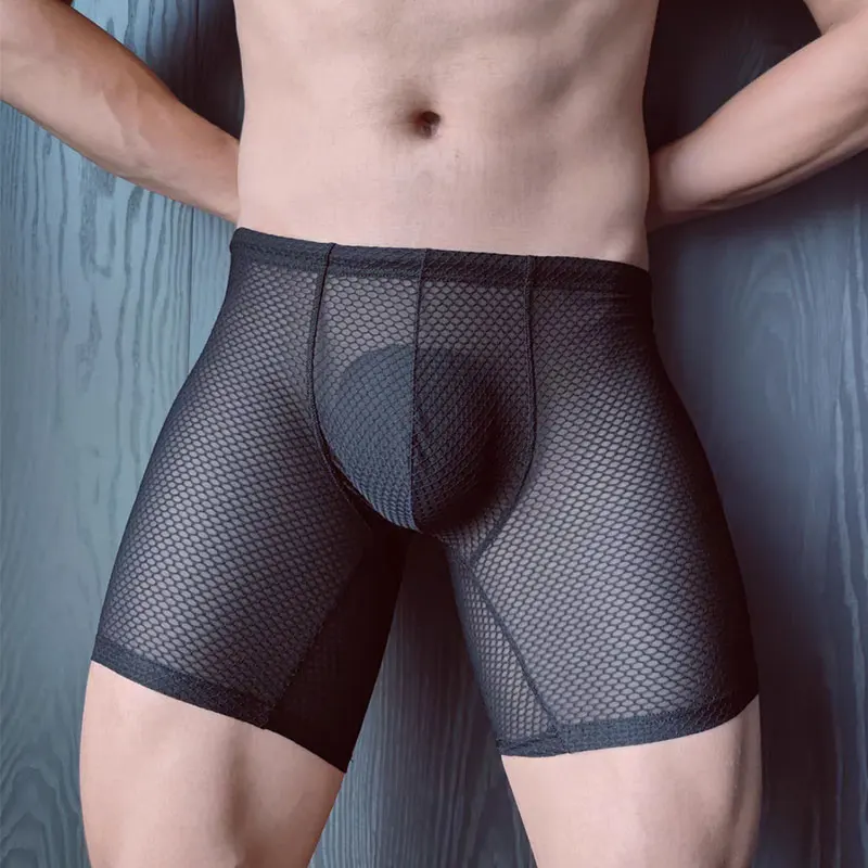 Sexy Boxer Shorts Men Mesh Shorts Long Leg Underpants Male U Convex Pouch Breathable Panties Fitness Lengthen Short Pants Cueca