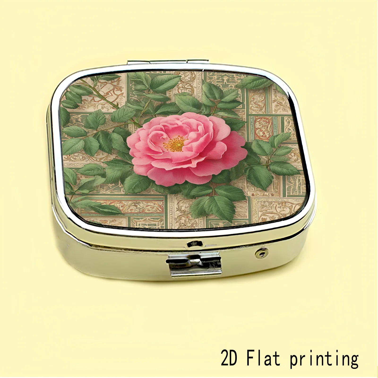 Elegant Pattern with Pink Roses and Vintage Gold Lines on the Background, Two Types of Small Pill Boxes Available: One with Three Compartments and One with Two Square Compartments, Portable Medicine Storage Suitable for Handbags or Travel, Elegant Design, Polished Finish, Exclusive for Daily Medication Users.