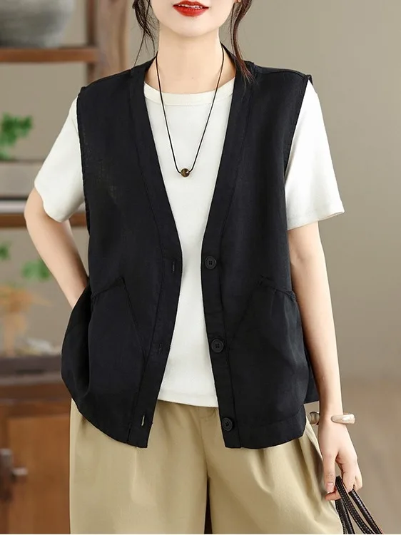 

Retro Casual Versatile Loose Vest Large Size Women's Clothing Layering Double Pocket V-Neck Shoulder Pad Summer Jacket
