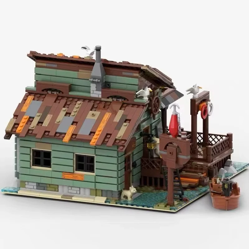 Zestaw klocków architektonicznych Seaside Architecture, seria City, domek rybacki, wiejski dom i model łodzi rybackiej, zabawka z klocków, prezent dla dzieci