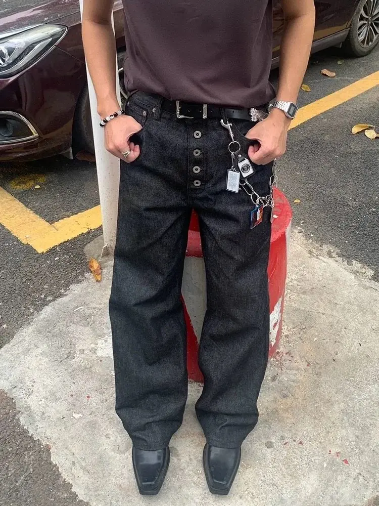 American Style Baggy Straight Leg Denim Jeans Men's Handsome Five Button Wide Leg Jeans Youthful Casual Classic Blue Denim