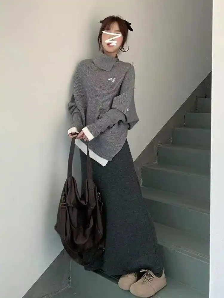 

Асимметричный вязаный свитер для женщин, ранняя осень 202, маленький осенне-зимний комплект в тон, модная повседневная одежда