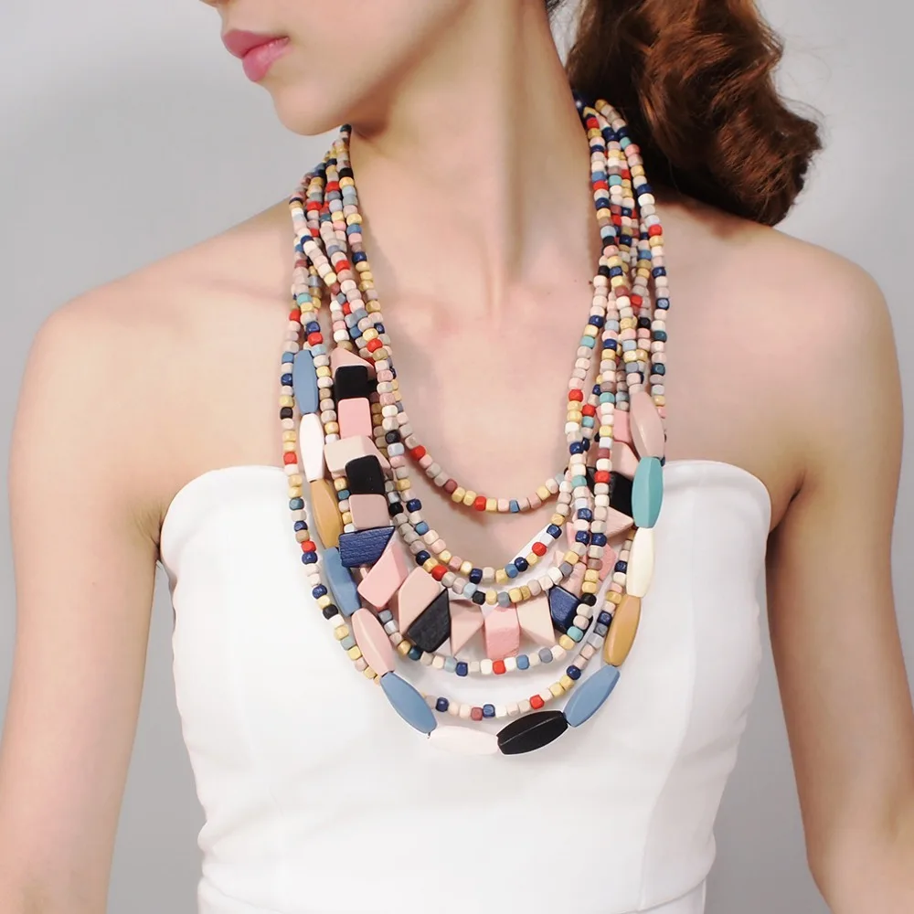 

Multilayer Wood Bead Choker Necklaces For Women Handmade Beaded Pendant Statement Colorful Necklace Bohemian Fashion Jewelry