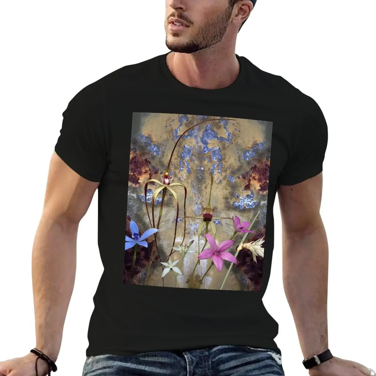 Silky Blue & Orchids with Blue Rusty Metal, native orchids of Western Australia. T-Shirt vintage t shirts for men cotton