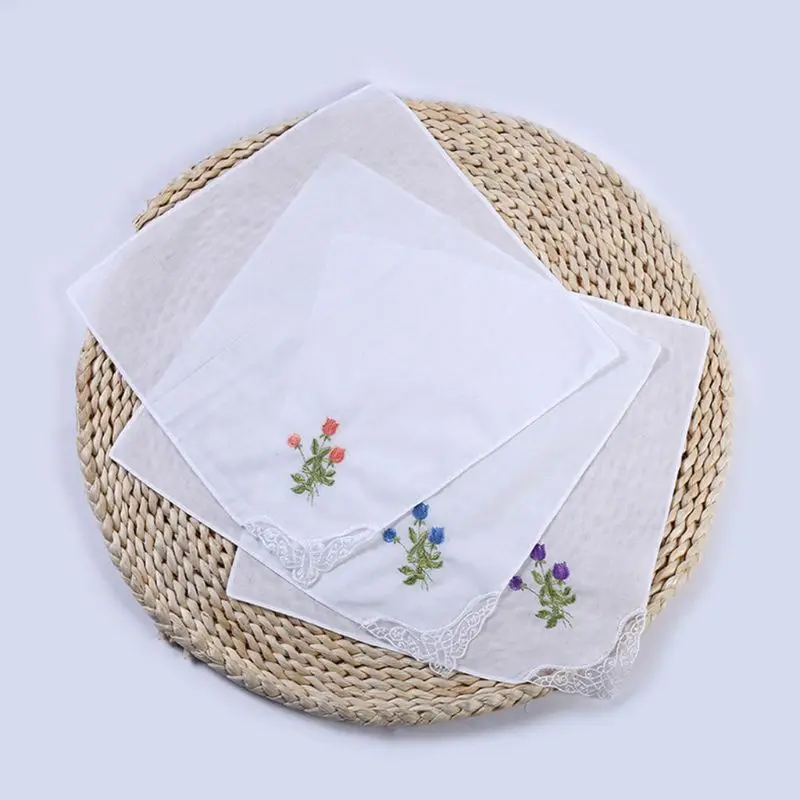 5Pcs/Set 11x11 Inch Womens Cotton Square Handkerchiefs Floral Embroidered with for Butterfly Lace Corner Pocket Hanky