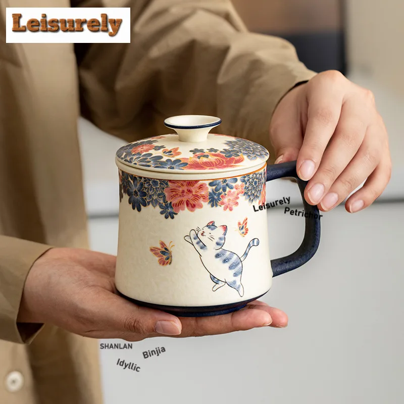 

320 мл ручная роспись маленький кот рок минеральный фильтр чашка-сепаратор старинная чайная кружка с заварочным устройством для заваривания чая офисная чашка для воды