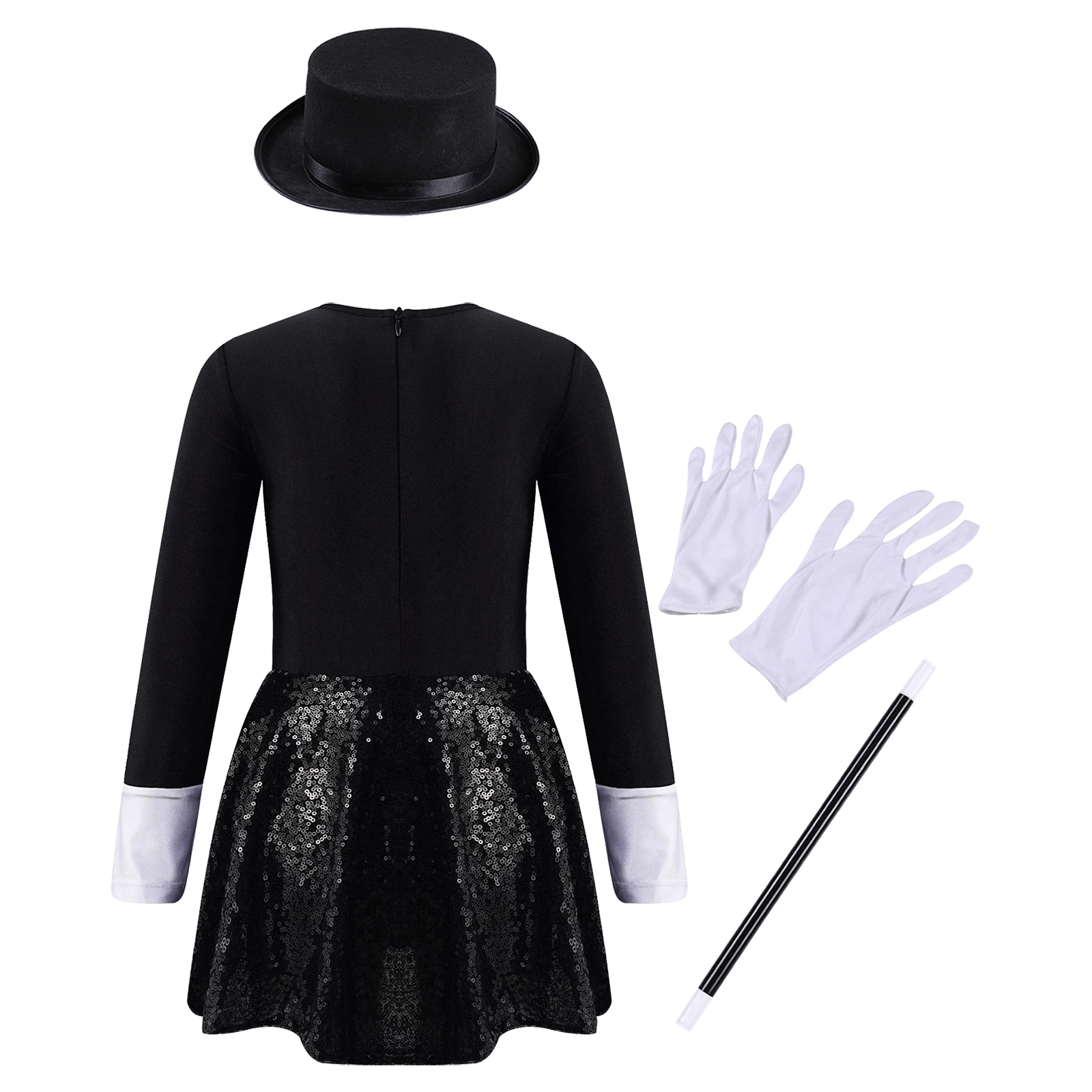 Girls Magician Costume Long Sleeve Bow Tie Sequin Magic Performance Leotard with Hat Magic Wand Gloves Halloween Fancy Dress Up