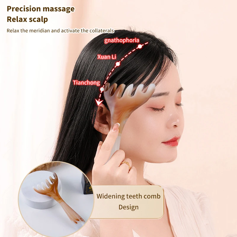 Resin Antler Wide Tooth Long Handle Comb Meridian Massage Anti-static Head Six Claw Massager Promote Blood Circulation