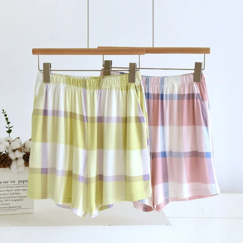 

2026 Summer Japanese New Women's Sleeper Shorts Modal Checkered Shorts Simple Loose Striped Casual Home Pants Pajama Pants