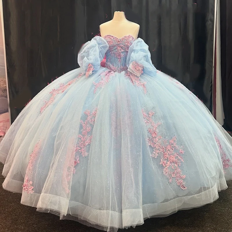 

Sky Blue Sweetheart Quinceanera Dress Charming Off The Shoulder Party Dress Ball Gown Applique Lace Girl Sweet 16 Gown Vestidos