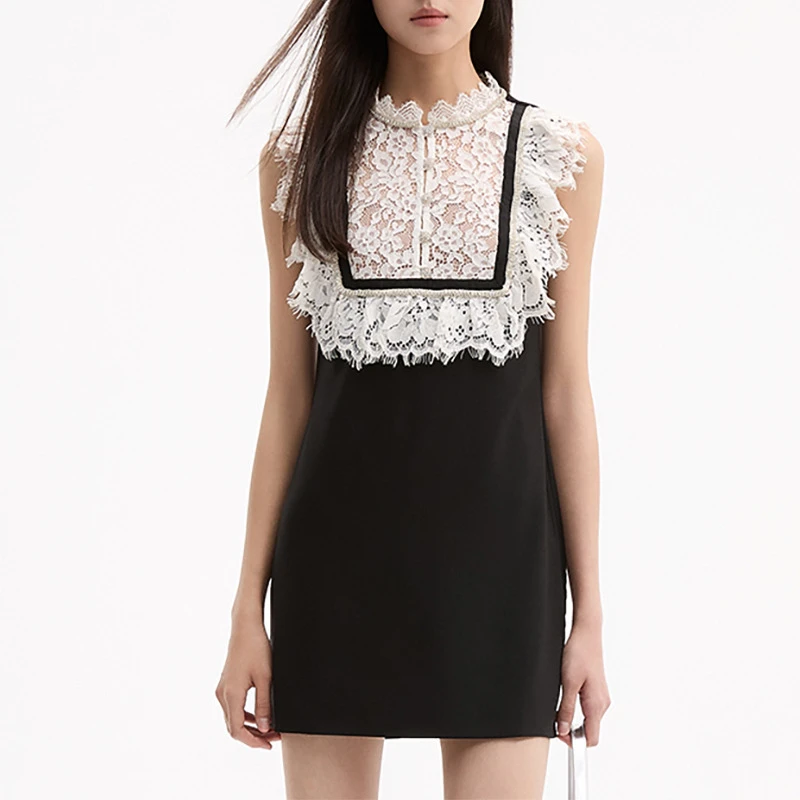 2024 summer new black and white contrast stitching lace diamond sleeveless dress y2k high quality fashion sexy casual mini skirt