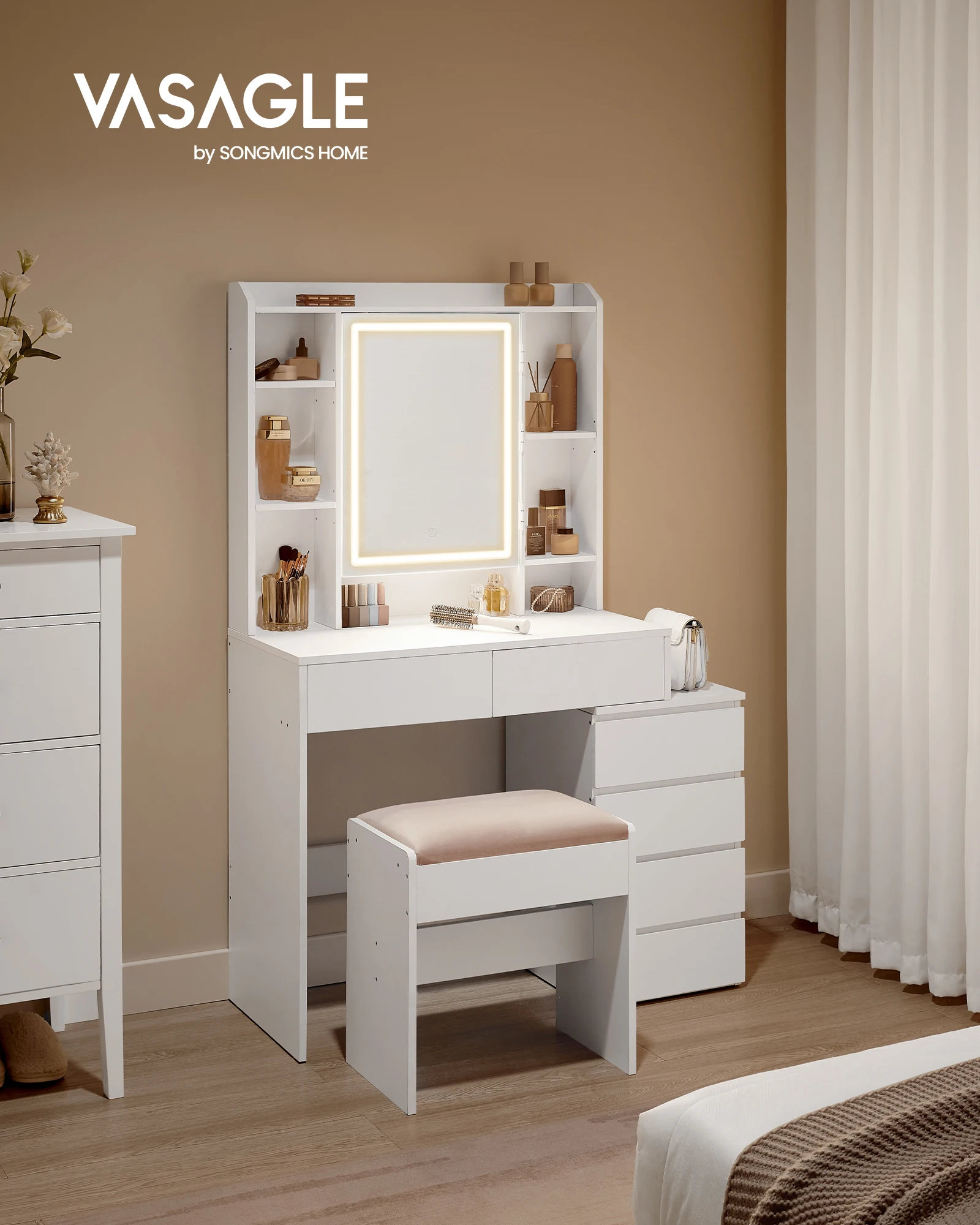 VASAGLE Dressing Table with LED Lights, Adjustable Brightness, 40 x 97.5 x 145 cm, Modern Makeup Desk, Vanity Table with Mirror