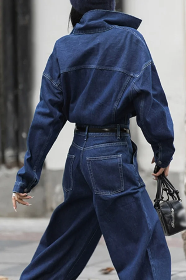 

Jumpsuits Women Autumn Spring Fashion New Safari Style Loose Long Sleeve Denim Jumpsuits Office Lady