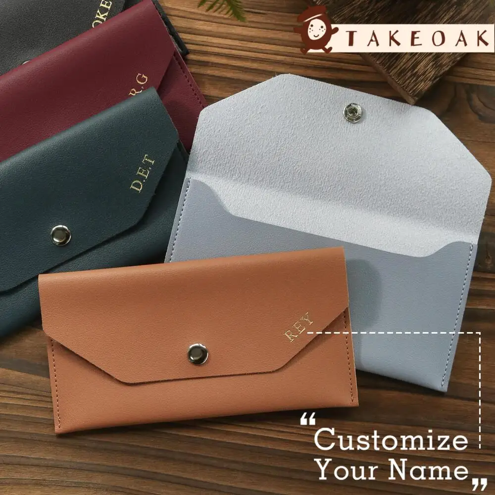 Personalized Engraved Leather Card Case Custom Name Minimalist Envelope Pouch for Business & Travel Wallet with Snap Button