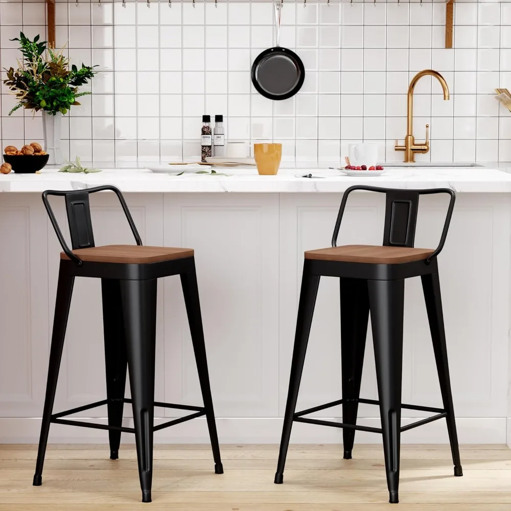 

Metal Bar Stools Set of 2 Counter Height Barstools with Removable Back 26" Kitchen Bar Stools with Wooden Seat, Black