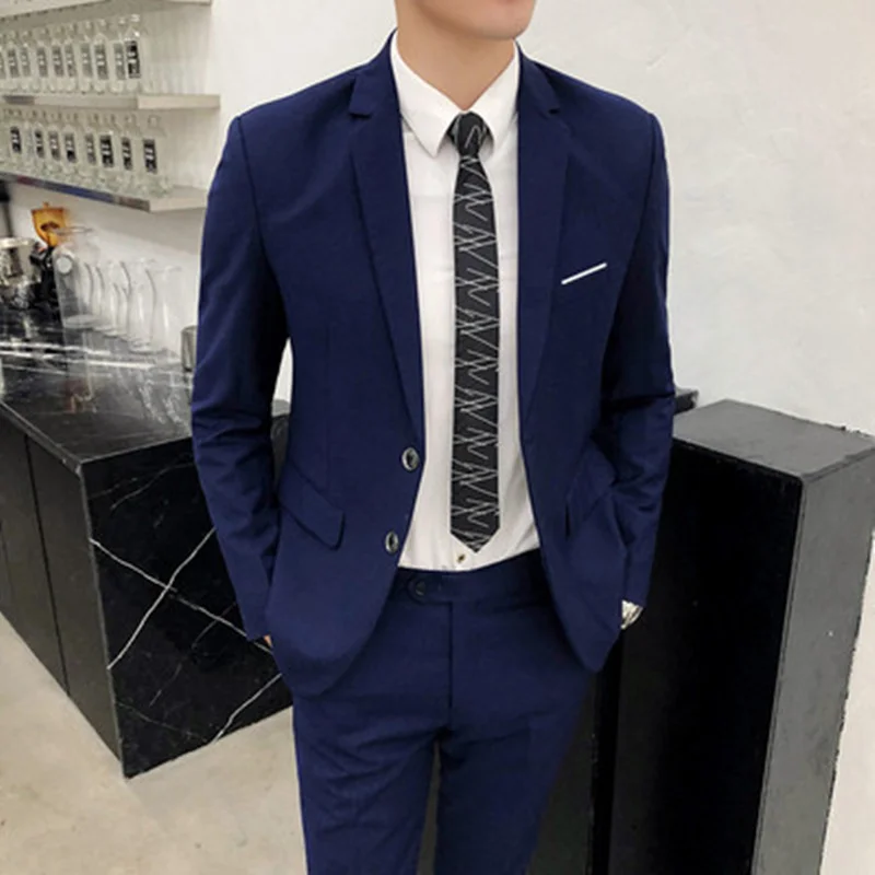 (Jackets+Pants) 2023 Men Two-Piece Business Suits/Male Slim Fit Cotton Leisure Blazers/Man Fashion High-grade Suit Black Grey