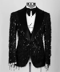 Glitter Sequin Groom Wedding Tuxedos Peaked Lapel Men Suits 3 Pieces Sets Dinner Party Male Prom Blazers Slim Fit Coustome Homme