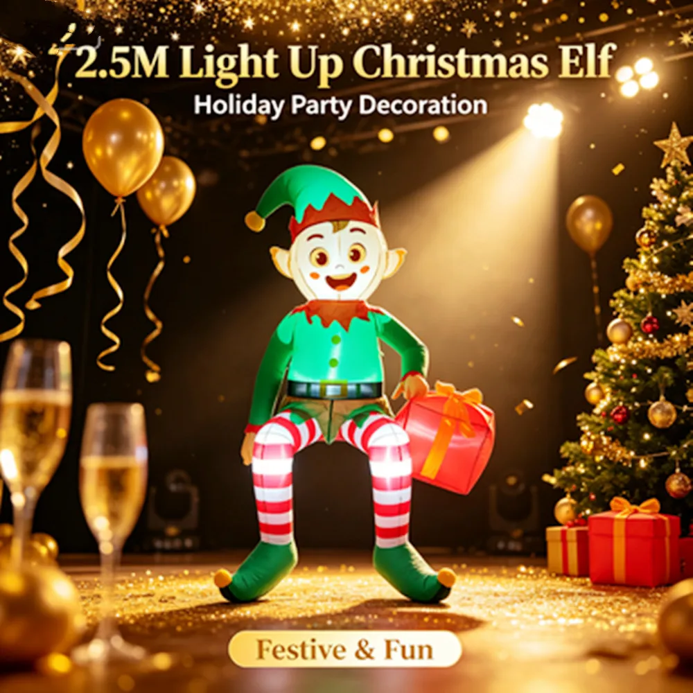 2.5M Christmas Inflatable Elf With Gift Box LED Light Sitting Blow‑up Elf Decor Outdoor Indoor Yard Garden Xmas Holiday Party