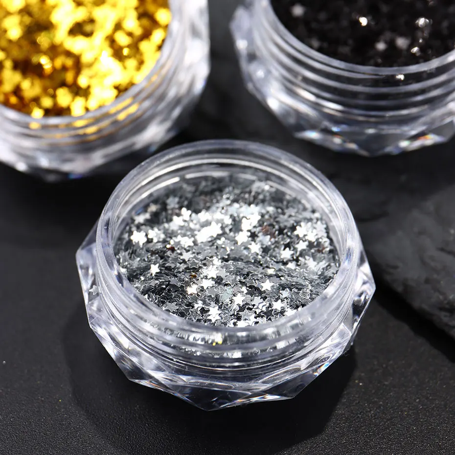 3pc Y2K Tiny Star Glitter Nail Flake Golden Silvery Black Small Pentagram Nail Seqiuns Kawaii Korean DIY Manicure Accessories image 4
