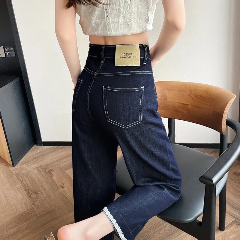 

Ladies High Waist Wide Leg Jeans Loose Slim Straight Tube Pants Spring Summer 2026 Fashion Denim Lace Detailing