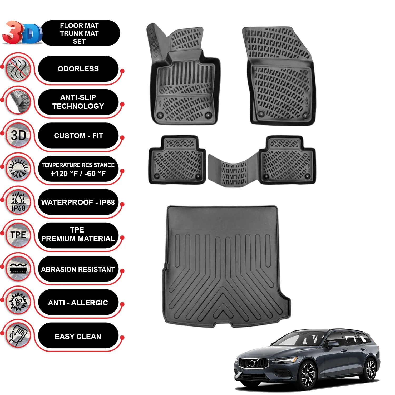 

Volvo V60 - (2018-2023) - Floor Mats + Cargo Trunk Liner - SET - (Black)