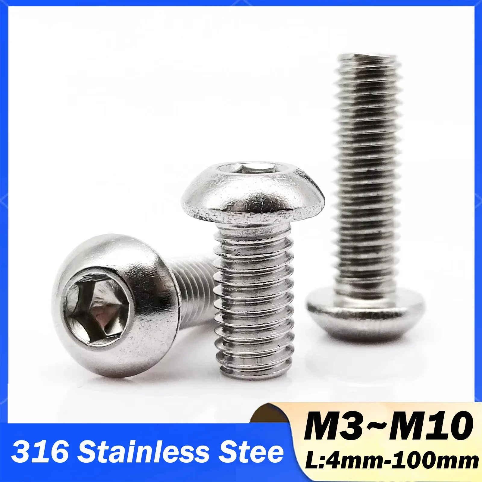 1-30pcs M3 M4 M5 M6 M8 M10 316 A4 Stainless Stee Hexagon Hex Socket Head Button Allen Bolt Screw  Mushroom Head  L:4mm-100mm