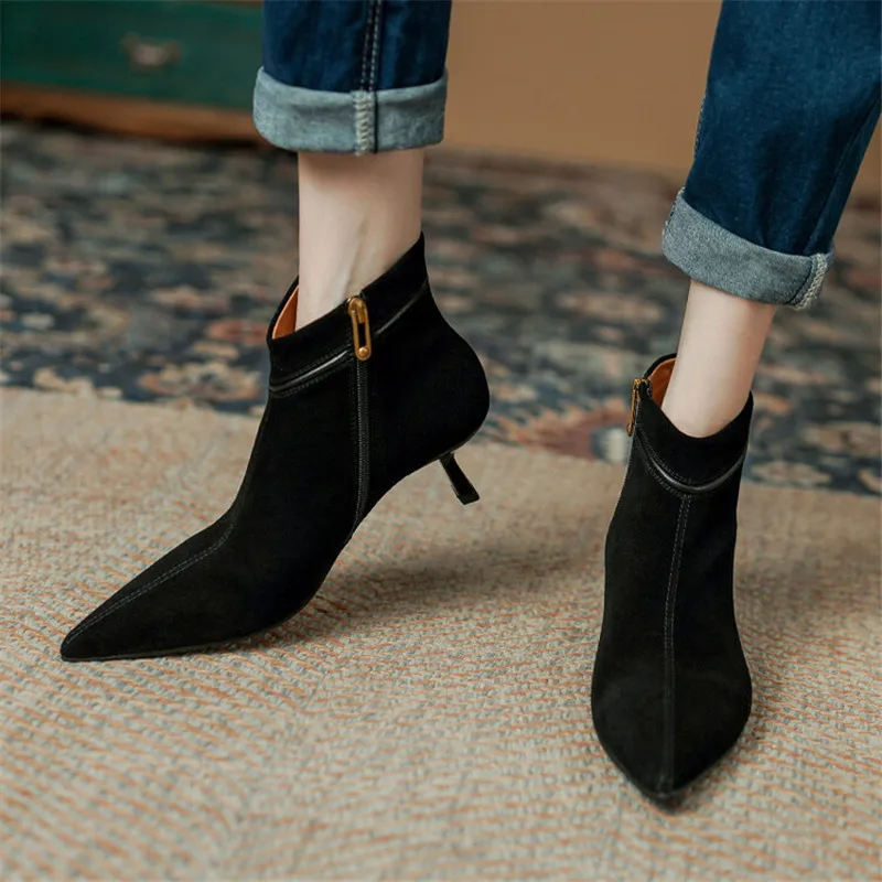 2023 Autumn Women Boots Pointed Toe High Heel Boots for Women Fashion Ankle Boots Sheep Suede Winter Boots Women Zapatos Mujer