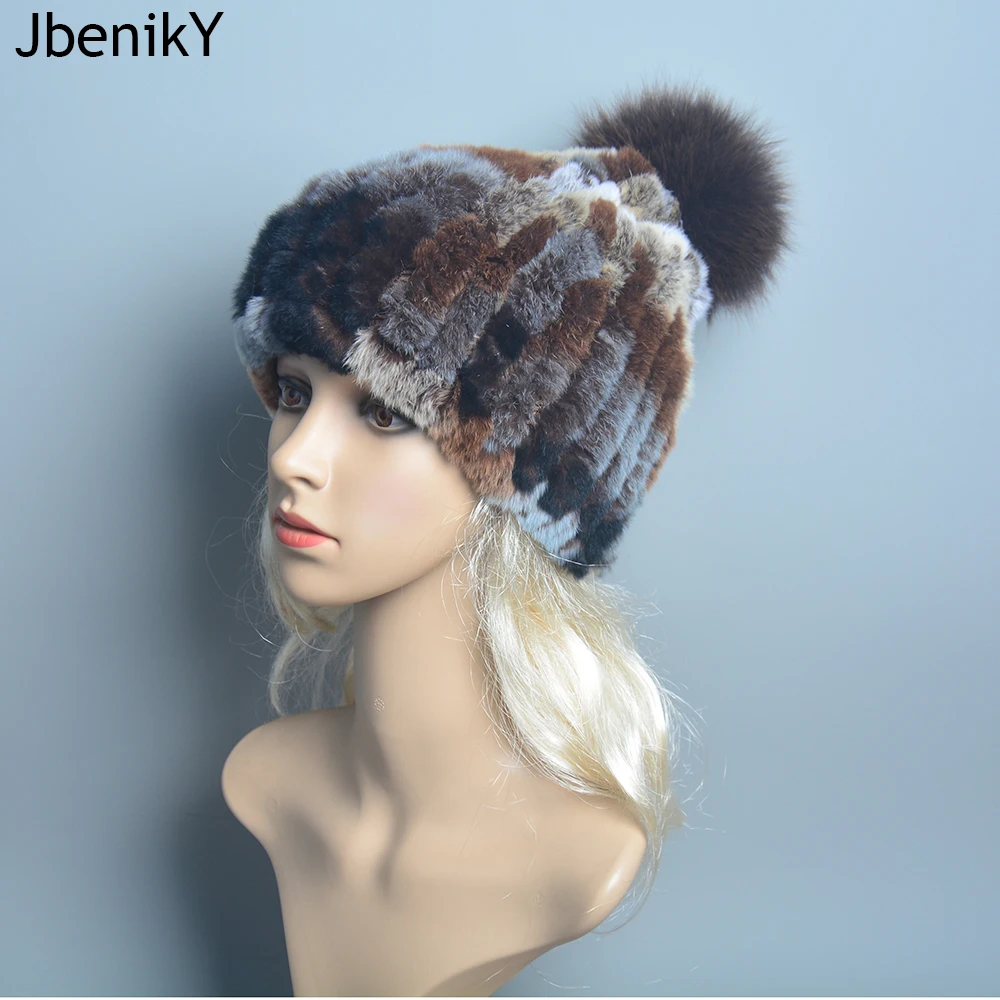 

Real Fur Beanies Hats Women Good Elastic 100% Natural Rex Rabbit Fur Cap Lady Winter Warm Knit Fur Hat With Fox Fur Pompoms Hats