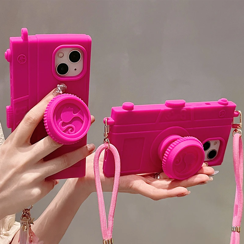 Fashion ins Pop Pink 3D Camera Phone Case For iphone15 13 12 14 Pro Max i11 13promax Girl gift Soft Silicone Fluffy Pendant Rope