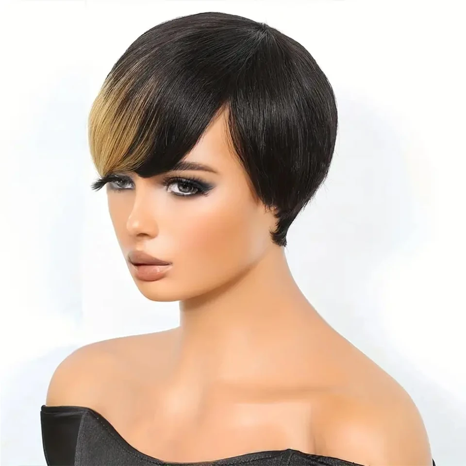 Wig lurus Pixie Cut murah Wig rambut manusia Burgandry campuran Wig Remy mesin penuh dibuat Wig 6 inci rambut manusia untuk wanita, FY 019