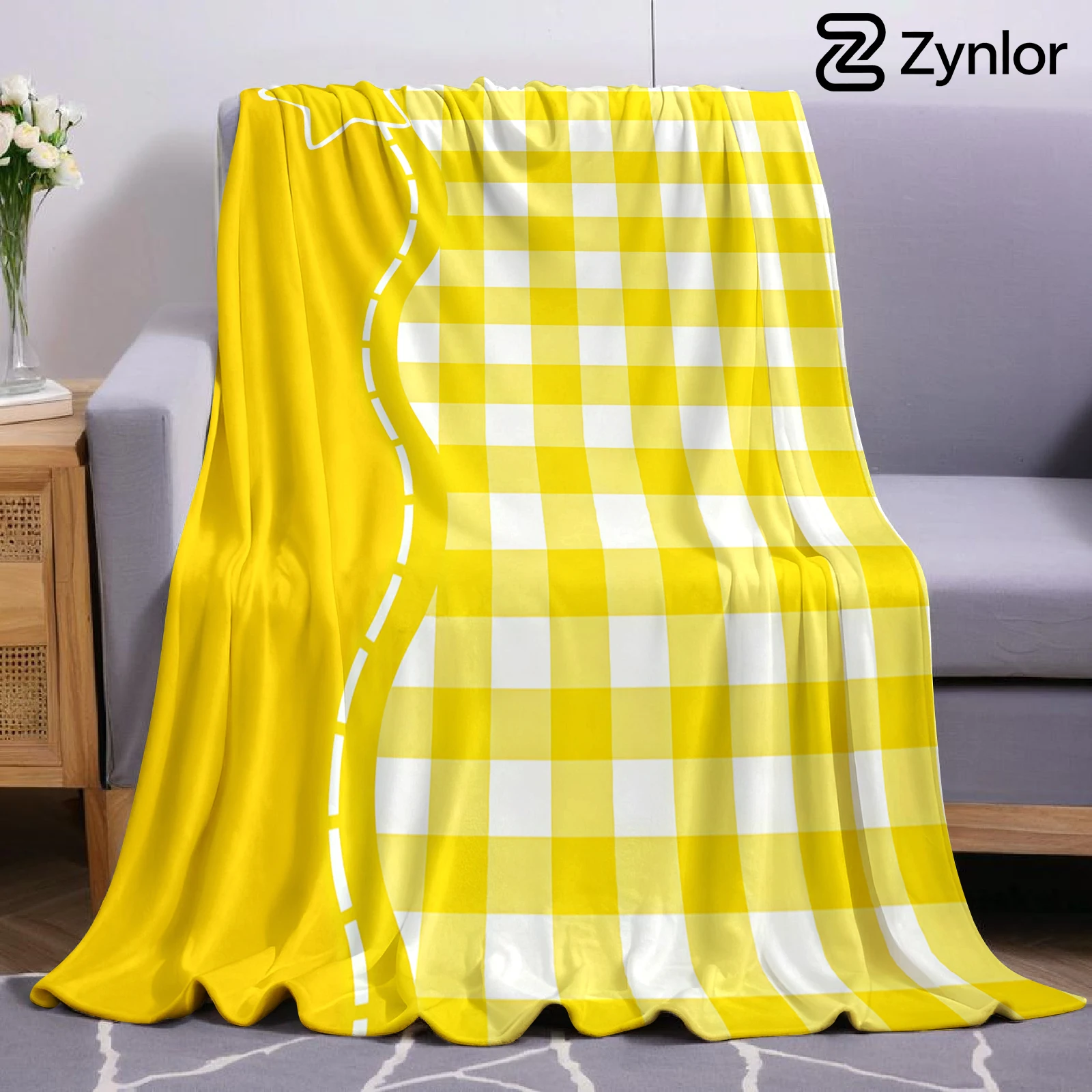 Yellow Gingham Star Christmas Fleece Throw Blanket Soft Warm Cozy Xmas Home Decor for Bed Sofa Couch Holiday Present