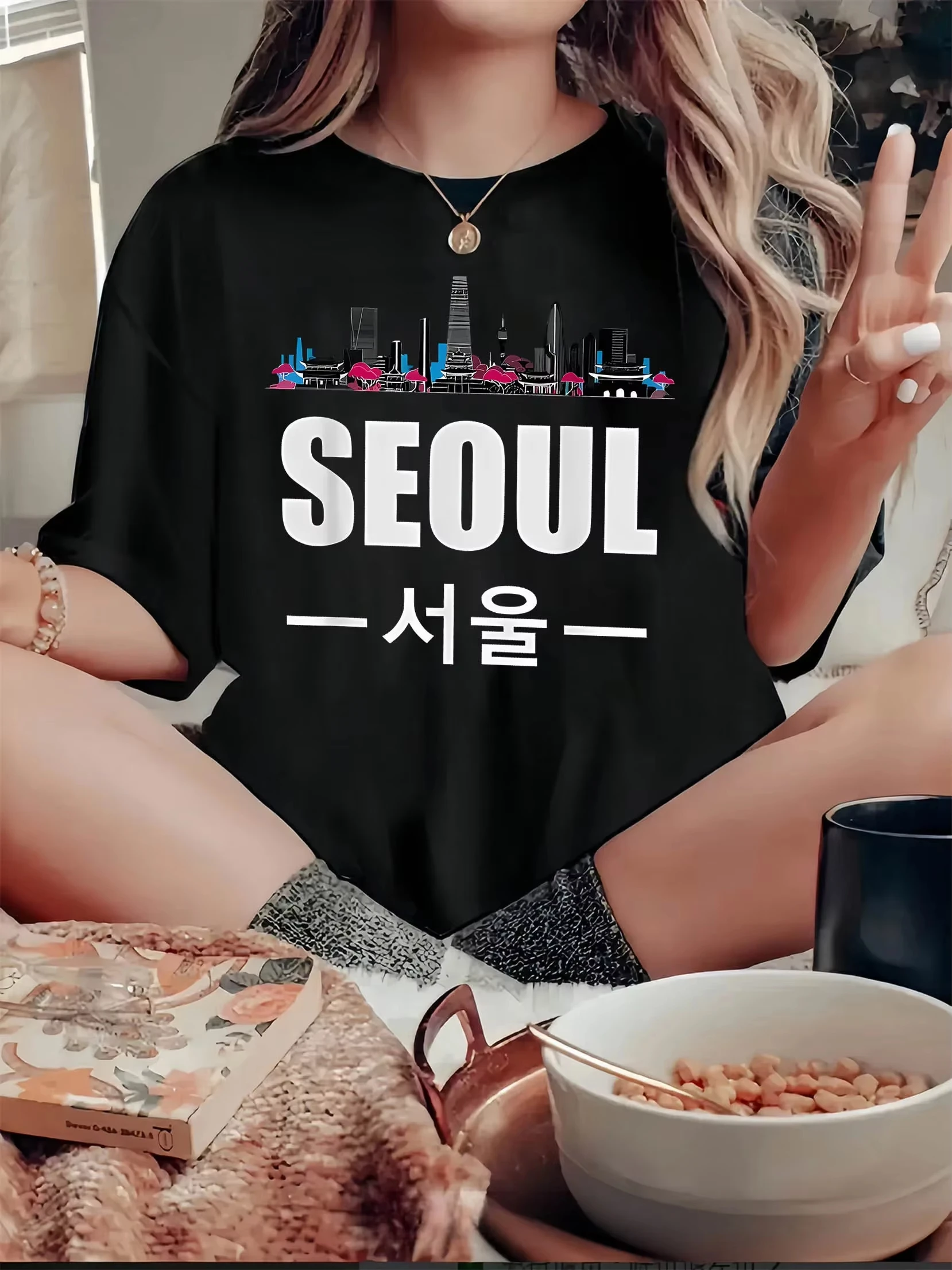 Seoul graphic printed summerautumn and winter cotton men's and women's short-sleeved luxury outdoor sports brand clothing