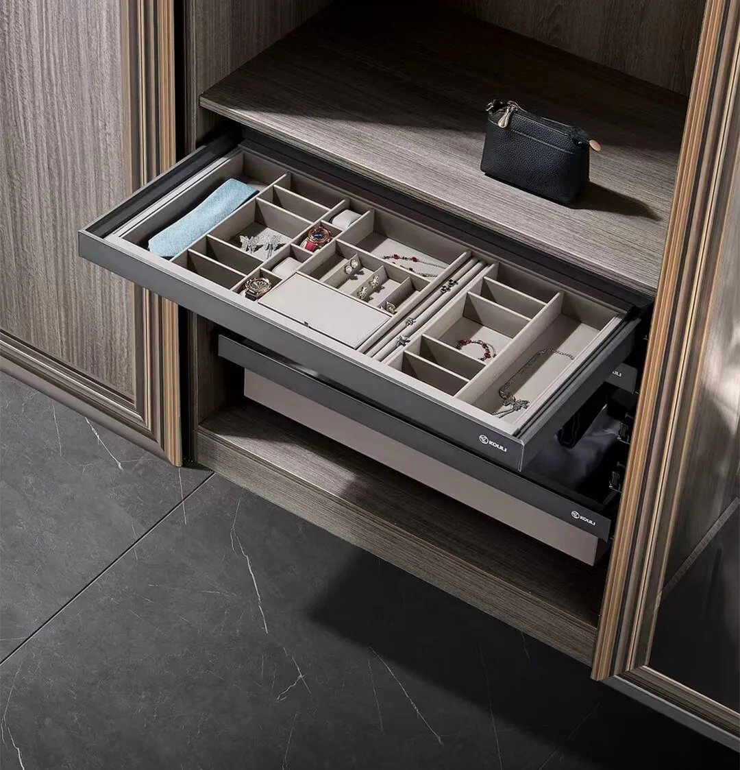 

Pants rack Telescopic wardrobe Household built-in pull-up pants rack Slide rail Lattice pull-out basket Drawer type jewelry box