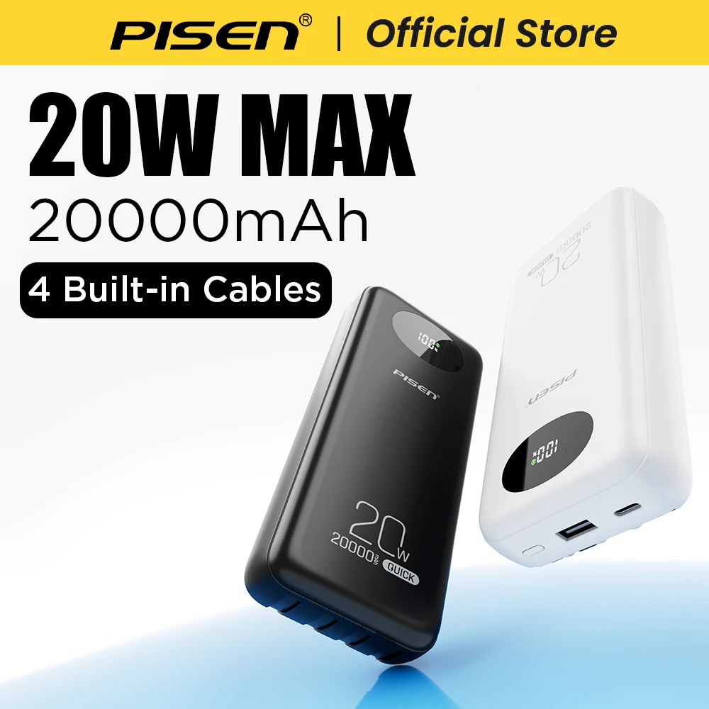 PISEN 20000mAh 20W Fast Charging Powerbank With 4 Built-in Cables For iPhone Samsung Xiaomi