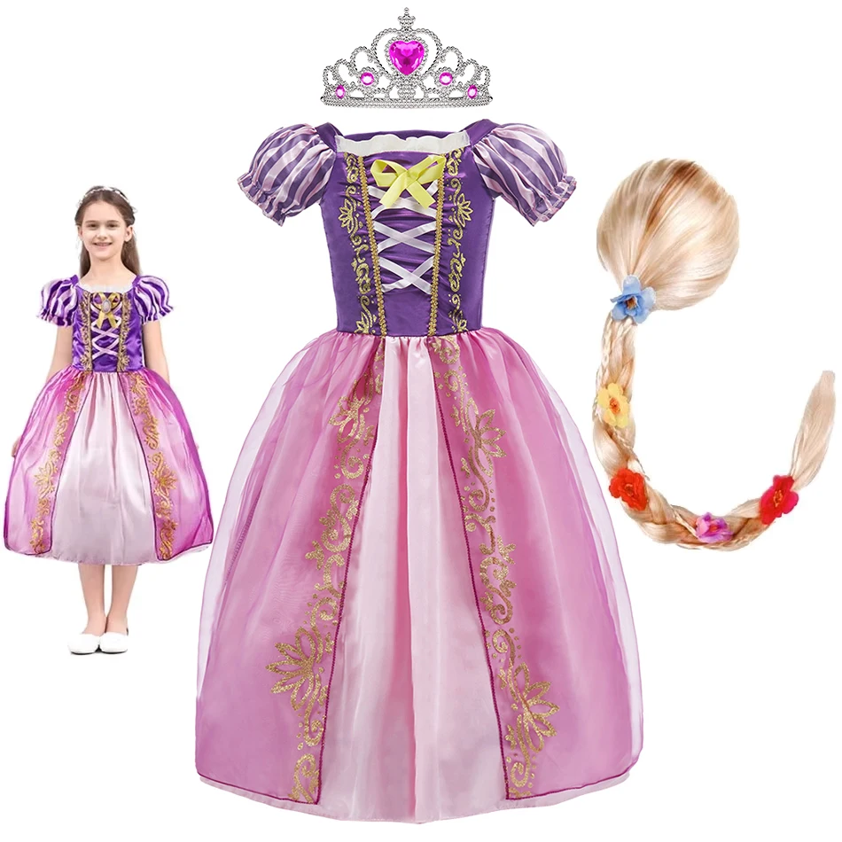 Children Rapunzel Dress Summer Party Princess Fancy Costume Girls Christmas Birthday Tangled Disguise Carnival Clothing with Wig