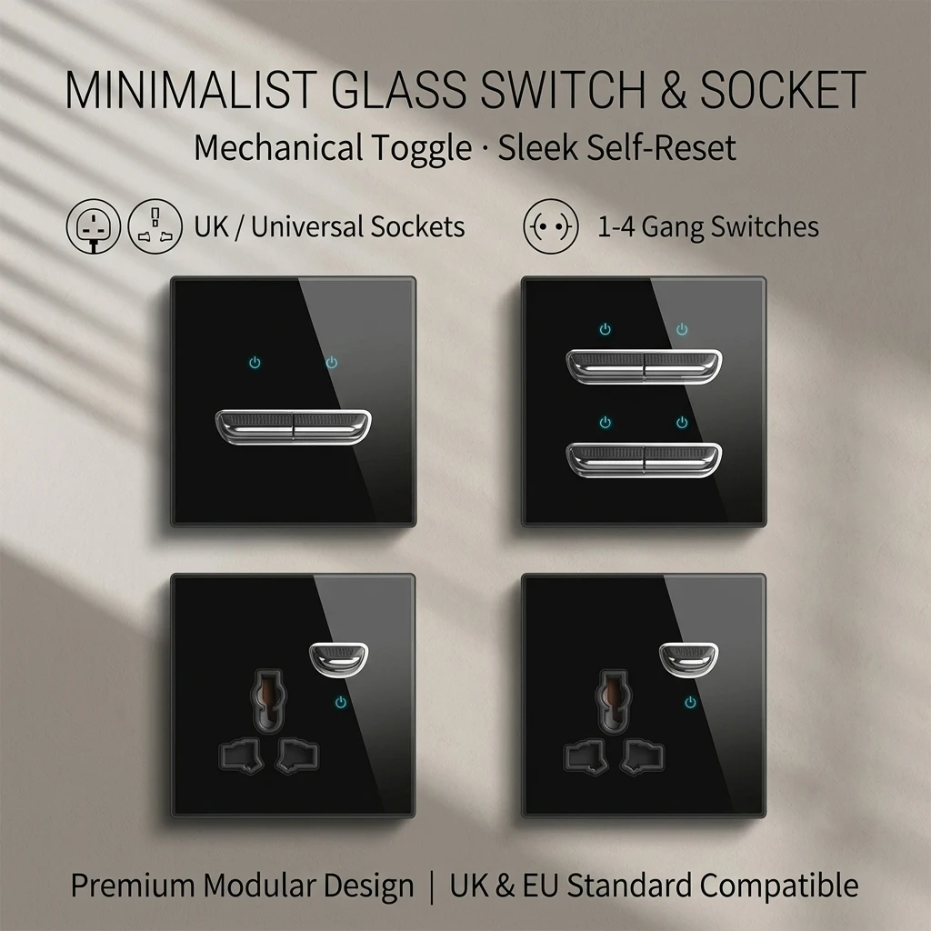 

Black Glass Light Switch EU UK Standard 16A Wall Socket Retro Mechanical Toggle Reset Switch 1/2/3/4 Gang Dual USB Socket