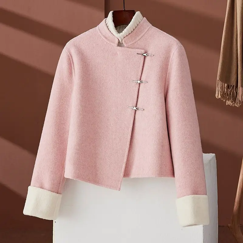 

Korean Style Fashion Reversible Cashmere Coat Women's Short Loose Woolen Outwear 2024 New High-End Sense of Design Female Jacket