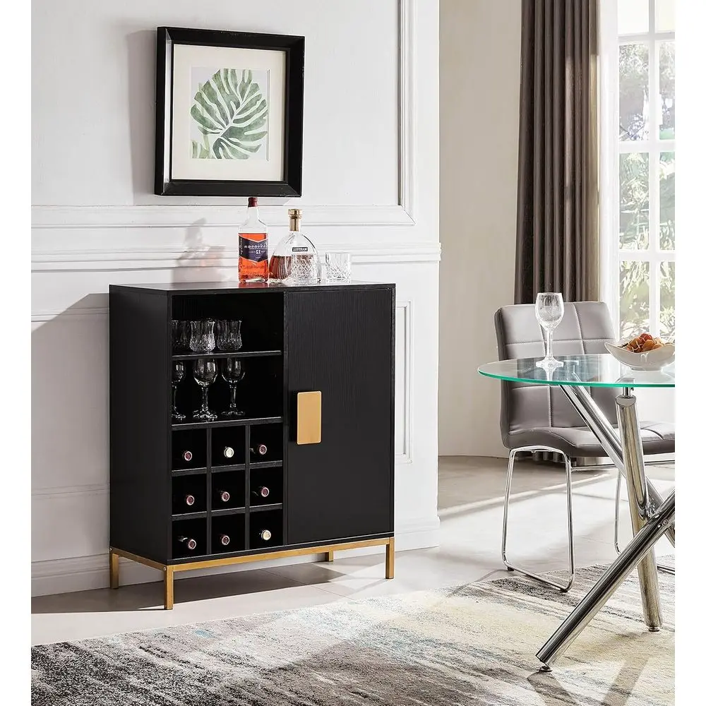 

Black Bar Cabinet with Wine Rack and Glass Holder, Storage Solution