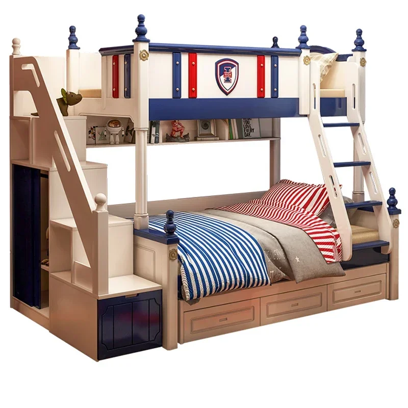 Double layer children's solid wood high and low slide mother and child double bed