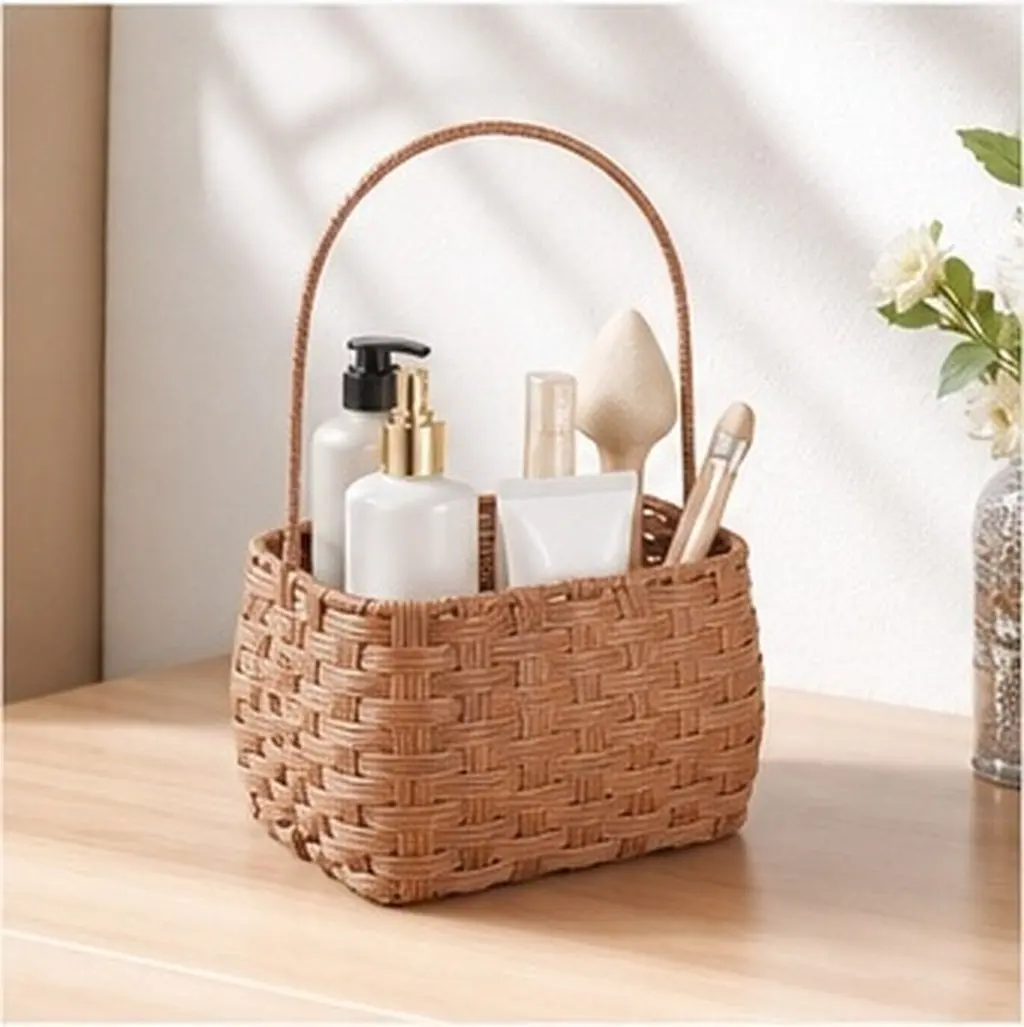 Portable Rattan Woven Basket Bunny Ear Design Hand Woven Decorative Storage Container Fruit Vegetable Snack Organizer Home Use