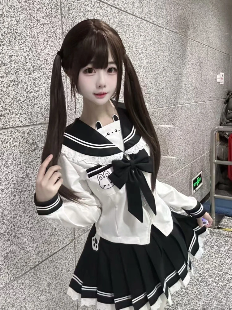 Kawaii Lovable Slim Bow с длинным рукавом, комплект из 2 предметов, женский дизайн, милые модные футболки с темно-синим воротником + кружевной торт, короткая юбка, костюм