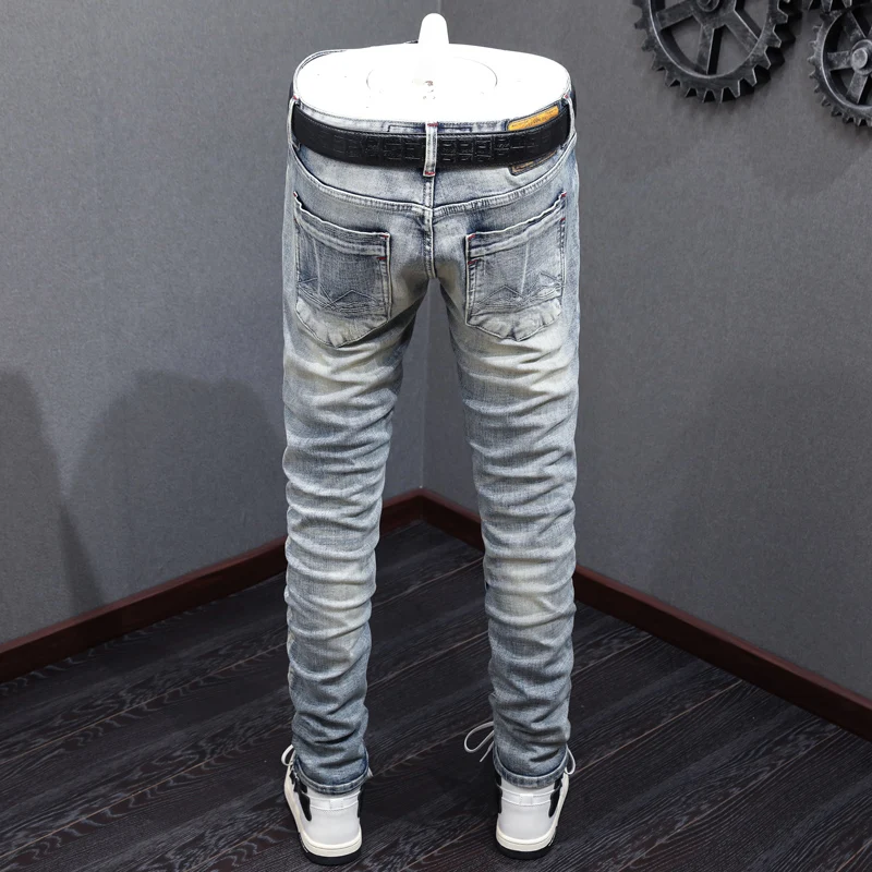 Street Fashion Men Jeans Retro Light Blue Plain Washed Elastic Slim Fit Ripped Jeans Men Patched Designer Vintage Pants Hombre