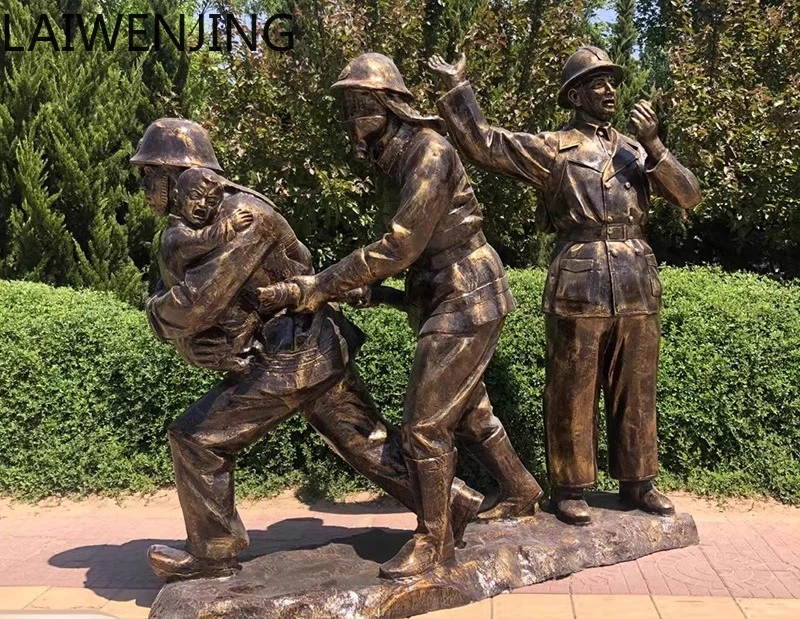 

HLZ Fiberglass Firefighter Figure Sculpture Imitation Bronze Cast Copper Firefighting Safety Education Statue Ornament