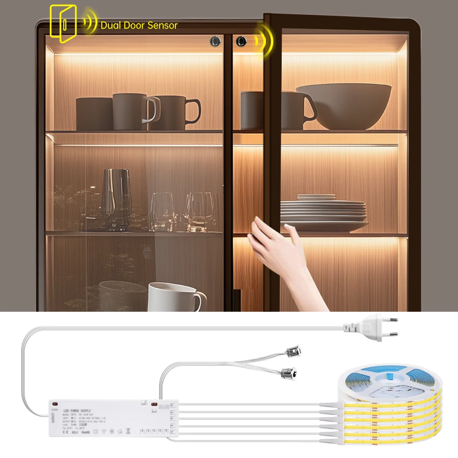 

Dual Door Motion Sensor Control Under Cabinet Lights 24V COB LED Strip AU EU US UK Plug Wardrobe Showcase Book Shelf Lighting