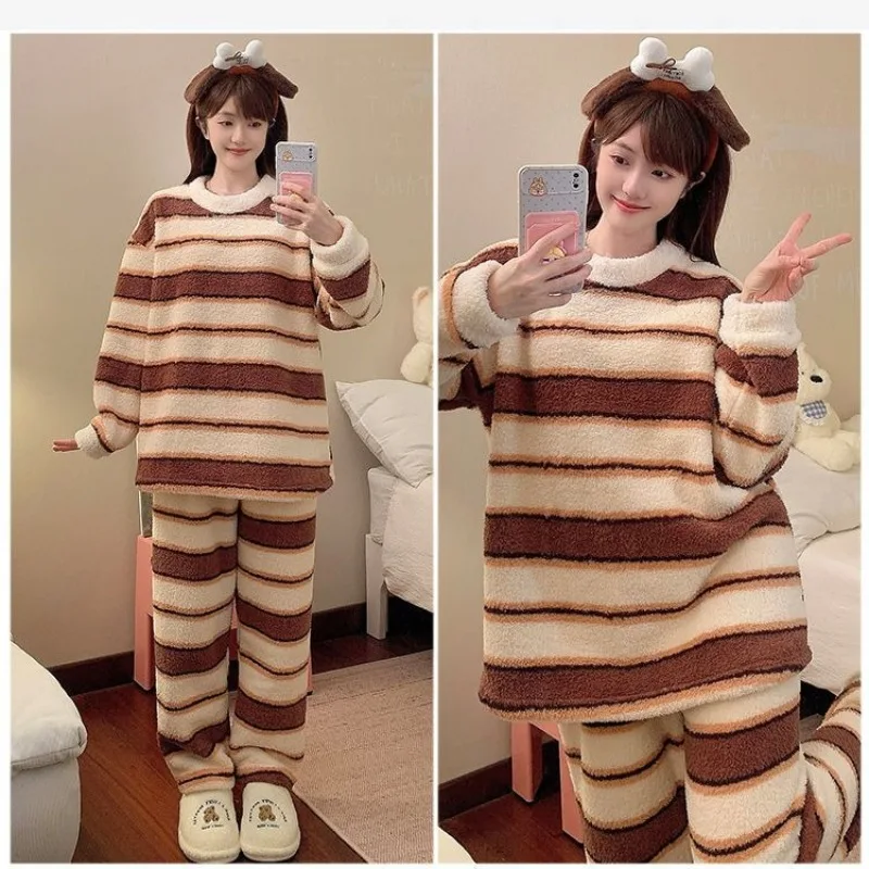 M-5XL حجم كبير النساء شتاء دافئ 2 قطعة مجموعات رشاقته هافت بيجامة من الصوف مجموعة الطلاب الكورية مخطط المتسكعون ملابس المنزل #5